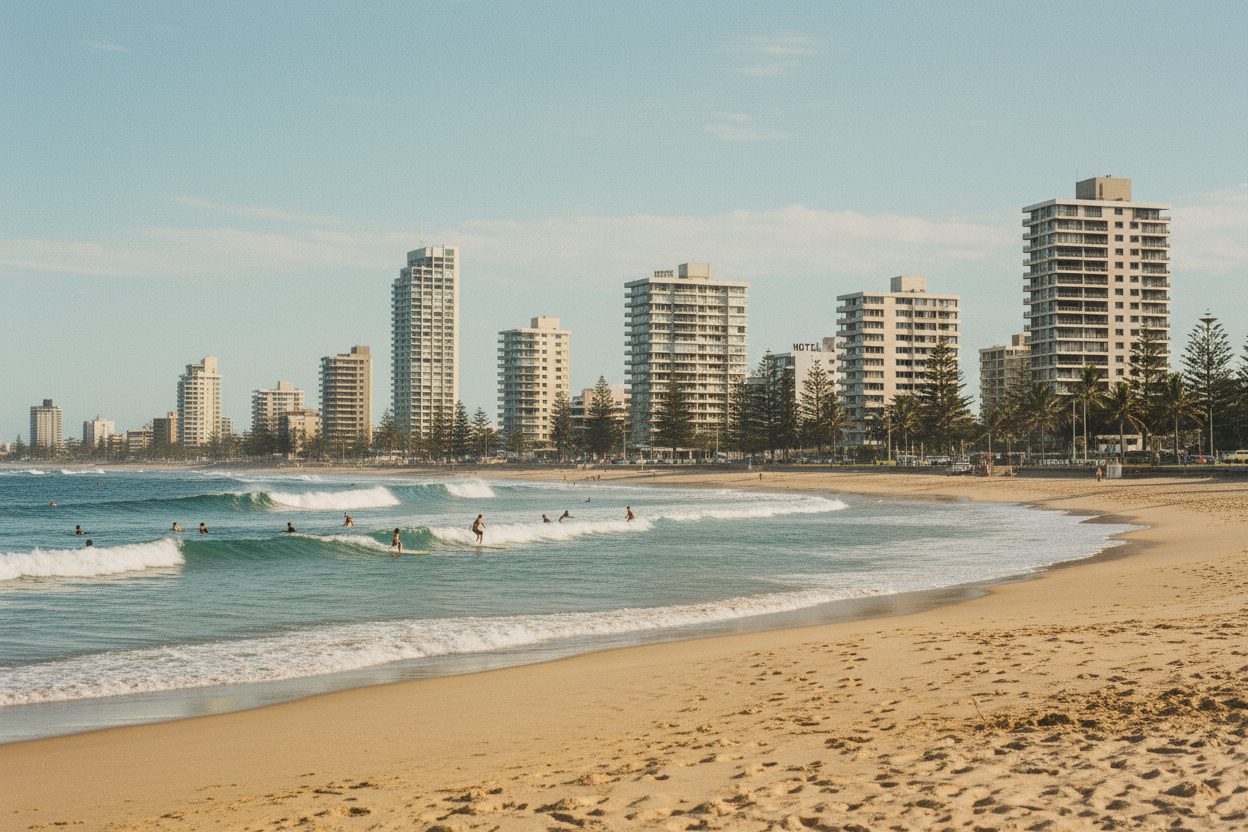 Gold Coast Australia Retro photo showing surf and beach and high rises. Preferably mermaid beach 